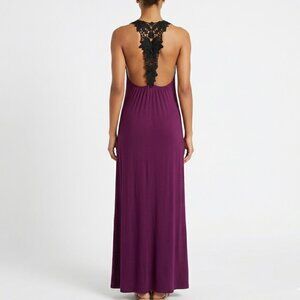 Native Grace Dark Boho Crochet Lace Back Racerback Maxi Dress S/M